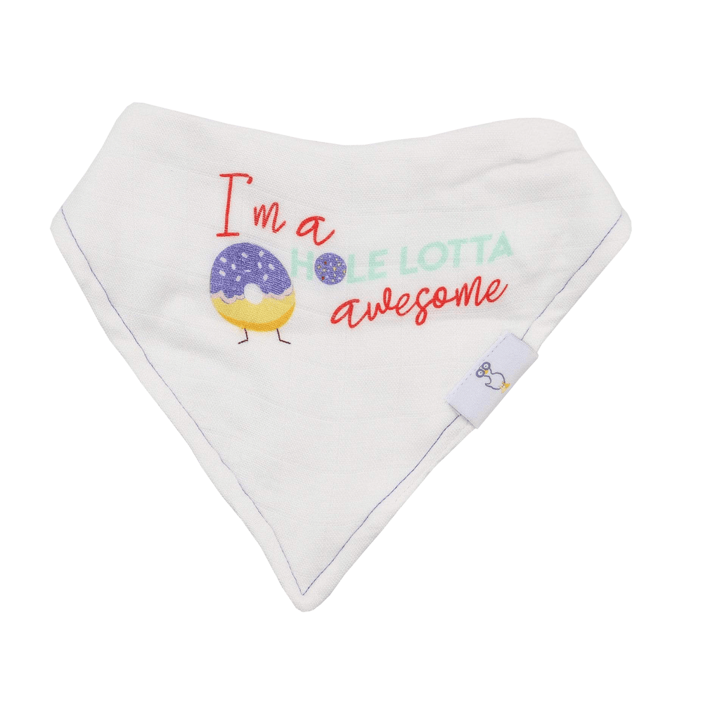 "I'm Awesome and Donut 2 Pack Muslin & Terry Cloth Bib Set for babies, featuring fun designs and soft materials."