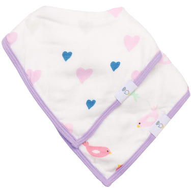 Hearts and Birds 2 Pack Muslin & Terry Cloth Bib Set for babies, featuring cute designs and soft materials.