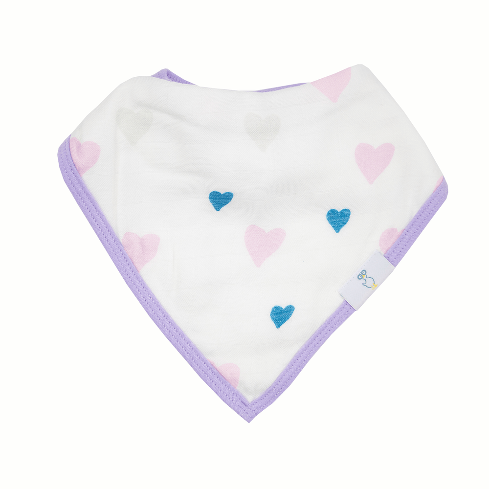 Hearts and Birds 2 Pack Muslin & Terry Cloth Bib Set for babies, featuring cute designs and soft materials.
