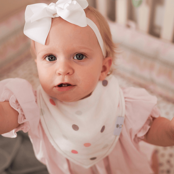 Mom and Dots 2 Pack Muslin & Terry Cloth Bib Set in Angle 4 view, perfect for keeping babies clean and stylish.