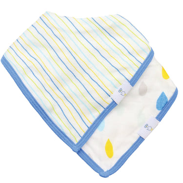 Stripes and Rain Drops 2 Pack Muslin & Terry Cloth Bib Set for babies, featuring stylish designs and soft materials.