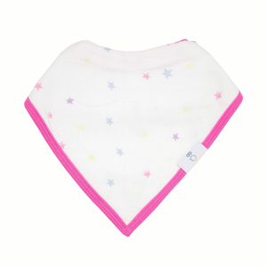 Stripes and Stars 2 Pack Muslin & Terry Cloth Bib Set for babies, shown at angle 3, perfect for mealtime messes.