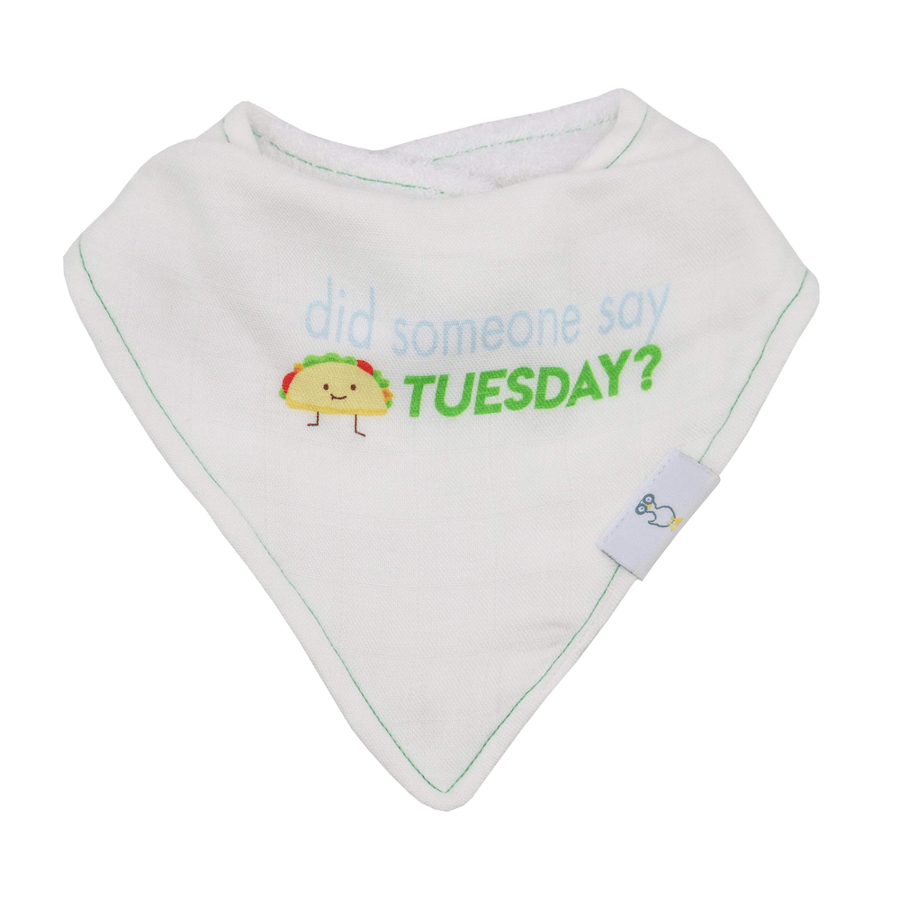 Taco Tuesday 2 Pack Muslin & Terry Cloth Bib Set for babies, featuring fun taco designs. Perfect for mealtime messes!