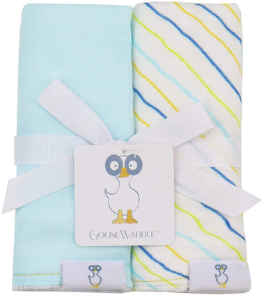 Light blue striped 2-pack muslin and terry cloth burp cloths for babies, soft and absorbent for easy cleanup.
