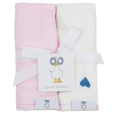 Hearts and light pink 2-pack muslin and terry cloth burp cloths for babies.