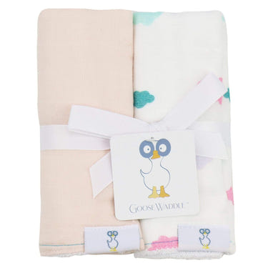 Clouds and Peach 2 PK Muslin & Terry Cloth Burp Cloths for babies, soft and absorbent for mess-free feeding.