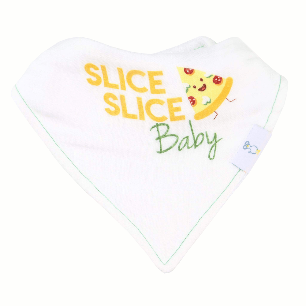 Slice Slice Baby 2 Pack Muslin & Terry Cloth Bib Set for infants, featuring fun pizza designs.
