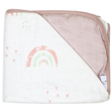 Rainbow and mauve oversized bamboo muslin quilted blanket for babies, soft and cozy for comfortable snuggles.