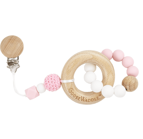Attachable wooden and silicone teether with clasp in four colors, viewed from angle 2. Perfect for soothing babies.