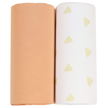 Tan triangle and terra cotta 2-pack swaddle blankets for babies, soft and stylish for comfortable swaddling.