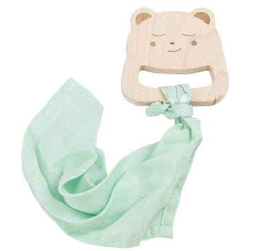 Bear and Mint Wooden Teether & Blankie for babies, perfect for soothing gums and cuddling.