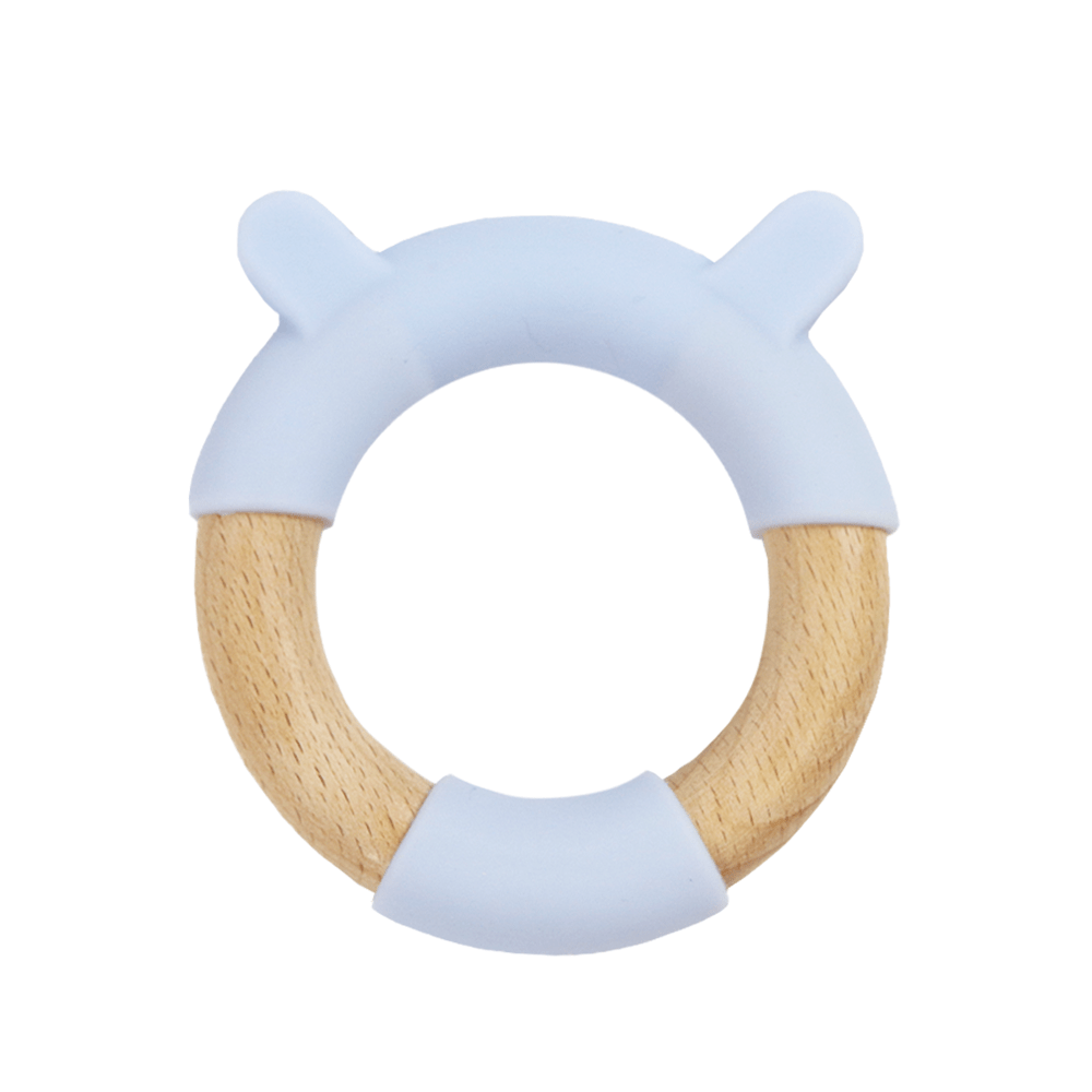 Blue Bear Circle Bear Head Teether in silicone and wood, perfect for soothing baby's gums.