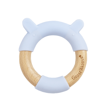 Blue Bear Circle Bear Head Teether in silicone and wood, perfect for soothing baby's gums.
