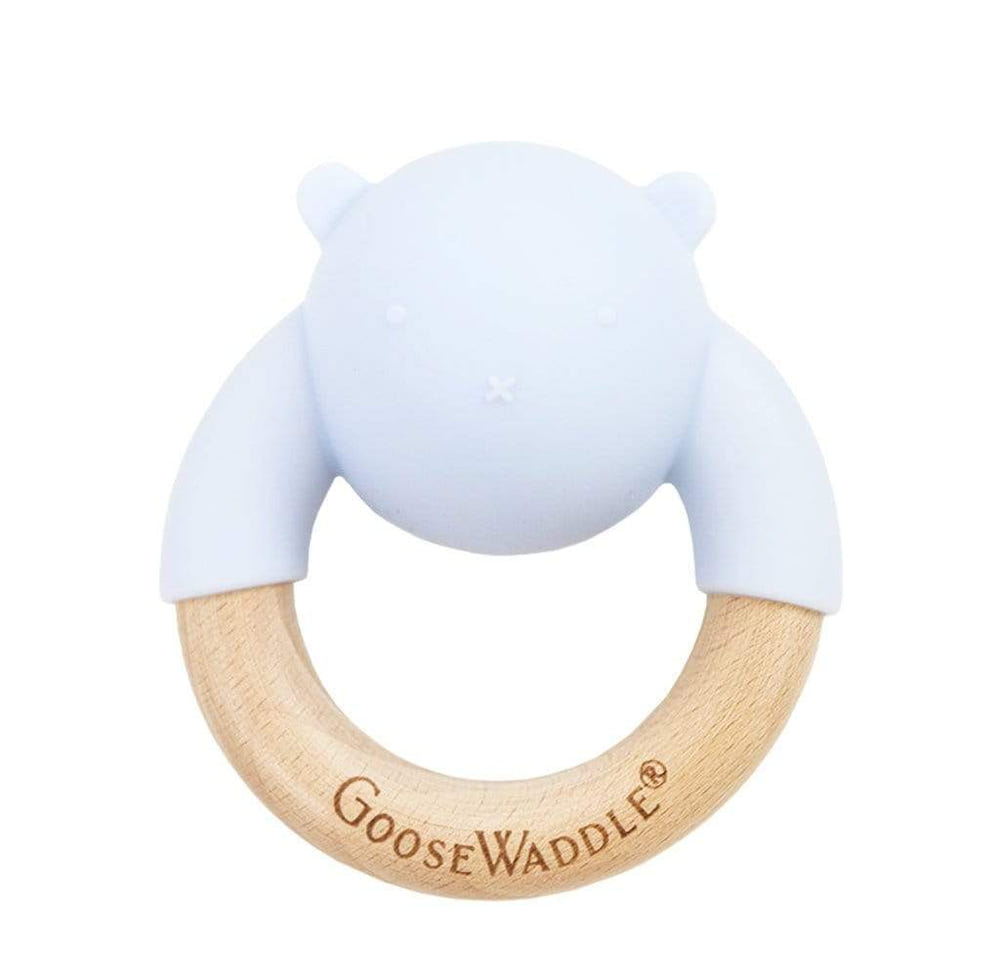 Wooden and silicone rattle teether in four colors, perfect for soothing baby's gums and sensory play.