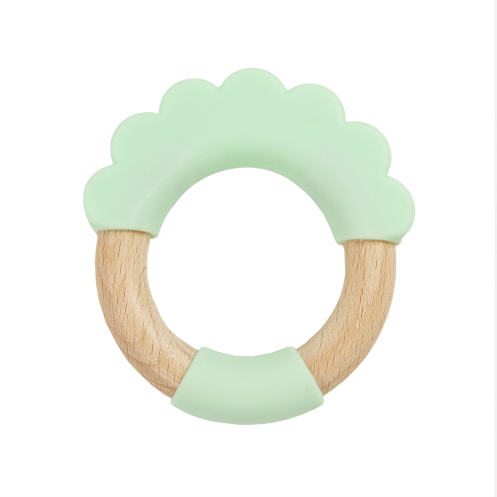 Mint Lion Circle Teether - Silicone and Wood Lion Head for soothing baby's gums.