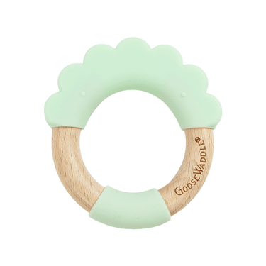 Mint Lion Circle Teether - Silicone and Wood Lion Head for soothing baby's gums.