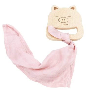 Pig wooden teether and pink blankie for babies, perfect for soothing gums and cuddling.