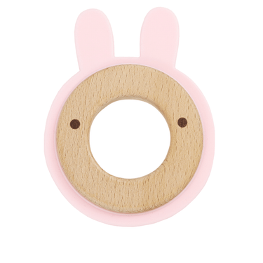 Pink Bunny Silicone and Wood Teether for babies, perfect for soothing gums and safe for little ones.