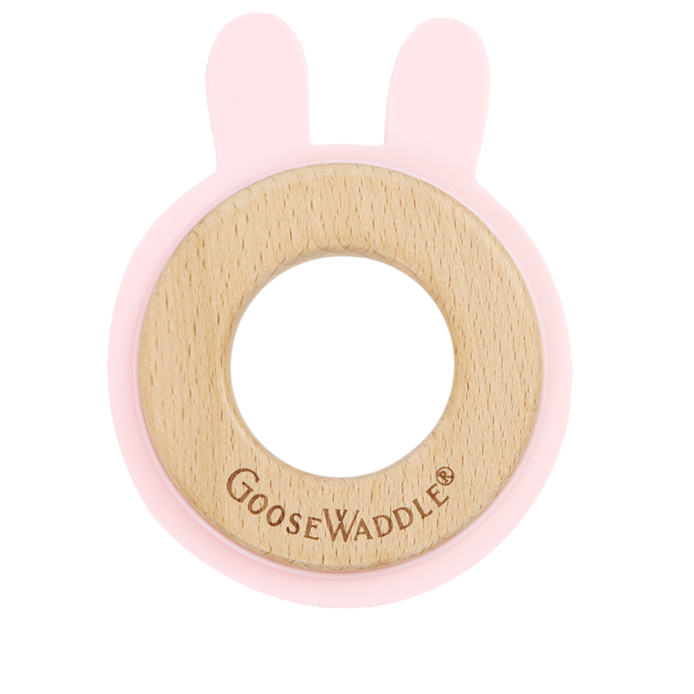 Pink Bunny Silicone and Wood Teether for babies, perfect for soothing gums and safe for little ones.
