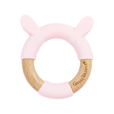 Pink Bunny Circle Teether made of wood and silicone, perfect for soothing babies' gums.