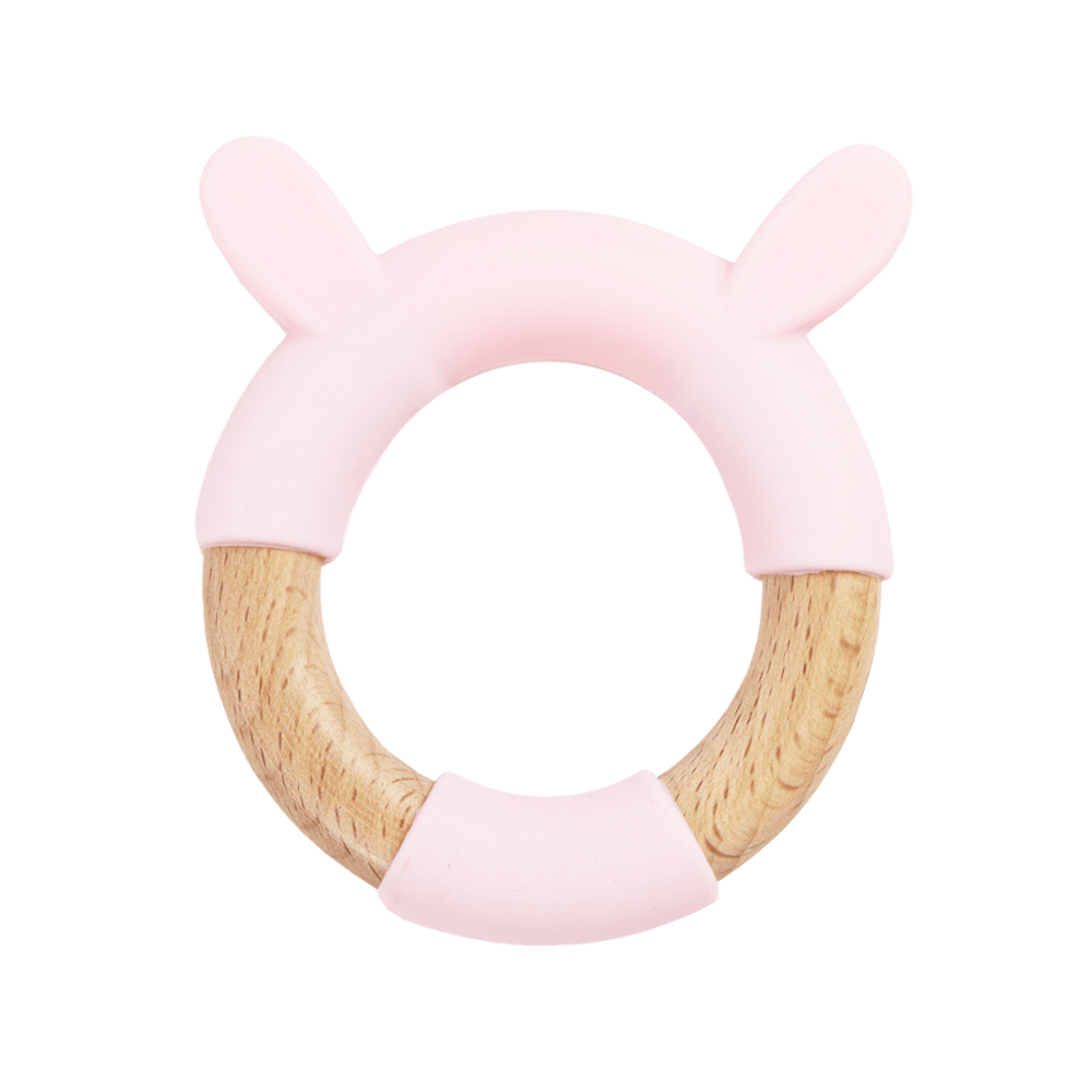 Pink Bunny Circle Teether made of wood and silicone, perfect for soothing babies' gums.