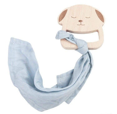 Puppy wooden teether and blue blankie for babies, perfect for soothing gums and comfort.