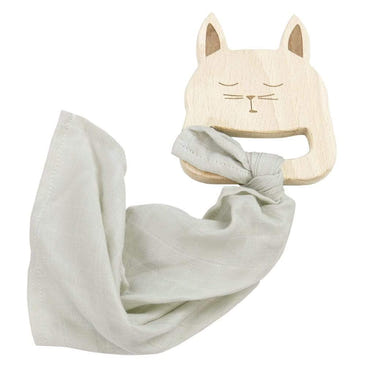 Wooden Bunny Teether with Gray Blankie for soothing babies' gums and providing comfort.