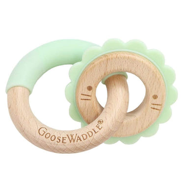 Mint Lion Silicone and Wood Double Teether for babies, safe and stylish for soothing gums.
