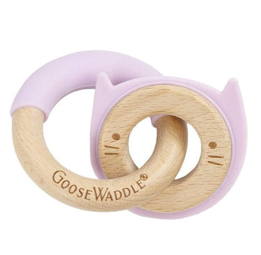 Lavender Kitten Silicone and Wood Double Teether for babies, safe and soothing for teething relief.