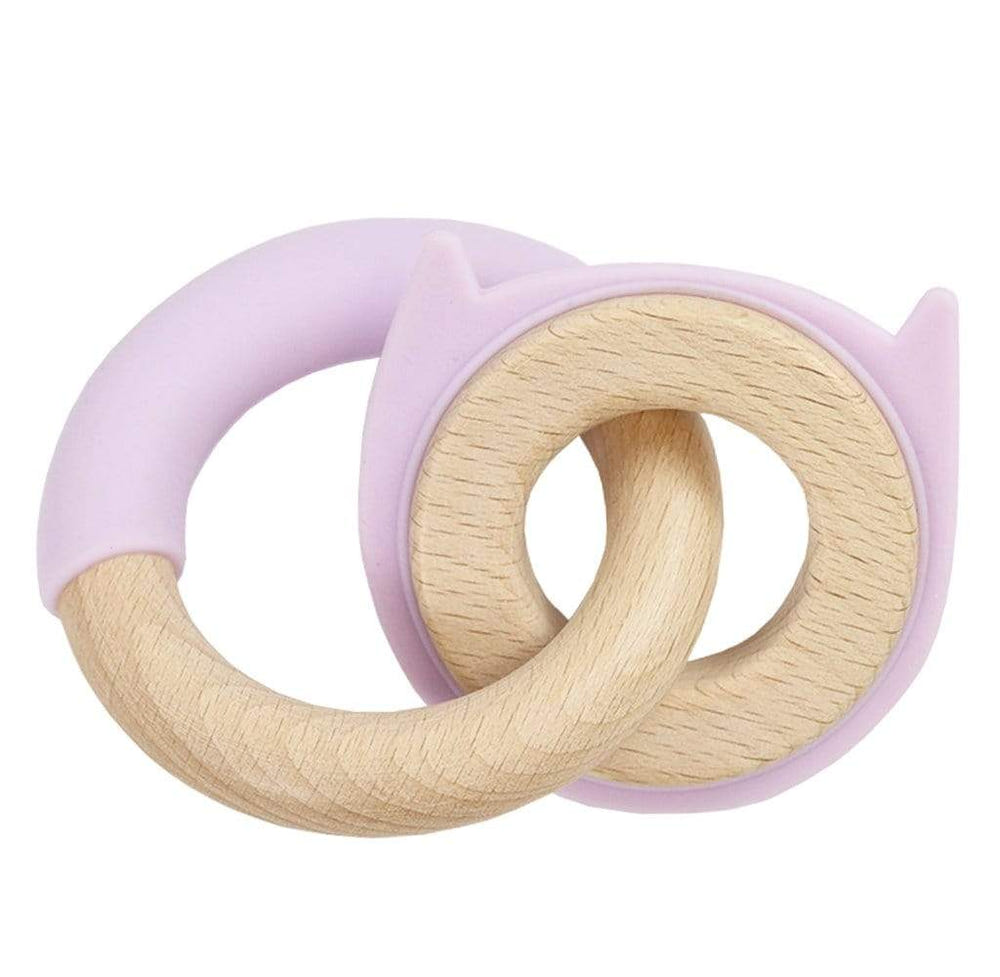 Lavender Kitten Silicone and Wood Double Teether for babies, safe and soothing for teething relief.