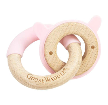 Pink Bunny Silicone and Wood Double Teether for babies, safe and stylish for soothing teething discomfort.