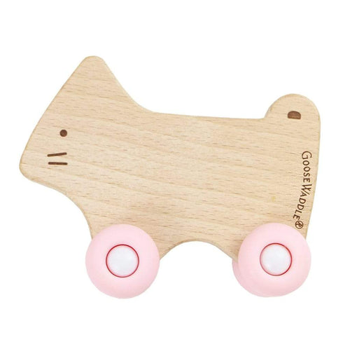 Silicone and wood teether with wheels in three colors, shown from angle 5, perfect for soothing baby's gums.
