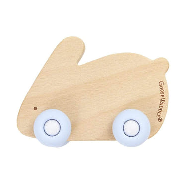 Blue Bunny Silicone and Wood Teether with Wheels for babies, perfect for soothing gums and playful teething.