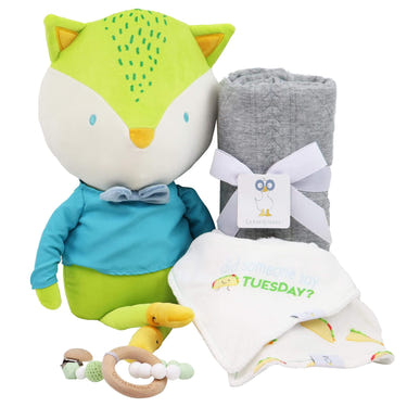 Tripp the Fox Gift Set for babies, featuring soft toys and accessories in a charming design. Perfect for gifting!