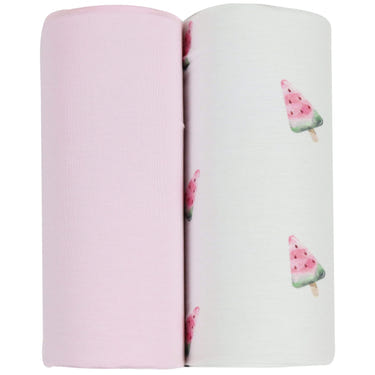 Watermelon popsicle and pink 2-pack swaddle blankets for babies, soft and stylish for comfortable swaddling.