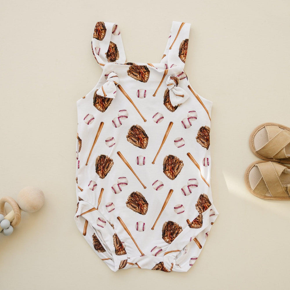 Grand Slam Bamboo Knotted Shortalls for babies - stylish and comfortable romper overall in eco-friendly fabric.