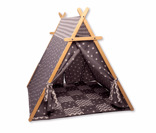 Gray stars play tent and mat for babies, perfect for playtime and imaginative adventures.