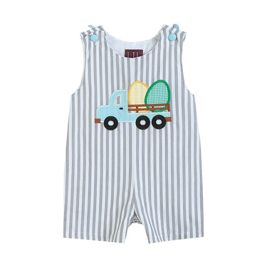 Gray Striped Easter Egg Truck Shortalls - MOOGCO Baby