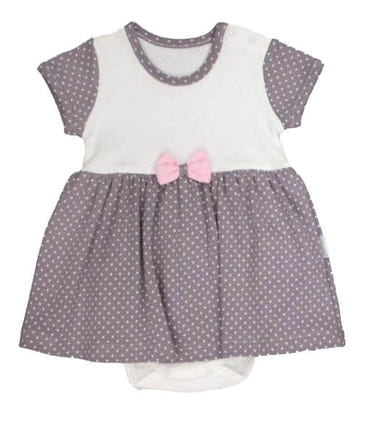 Gray baby dress with pink bow tie, perfect for special occasions and everyday wear.