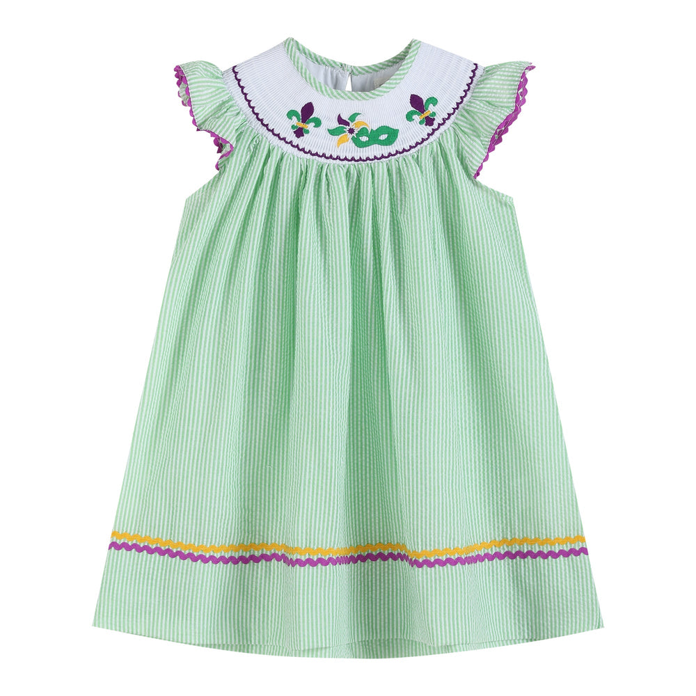 Green and Purple Mardi Gras Smocked Bishop Dress