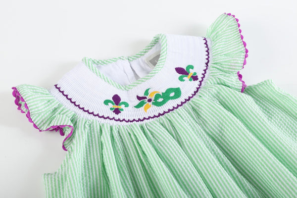 Green and Purple Mardi Gras Smocked Bishop Dress