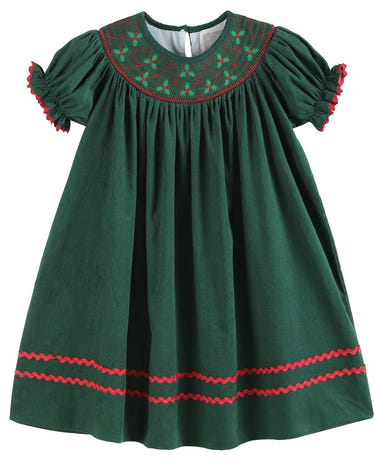 Green Christmas Mistletoe Smocked Bishop Dress