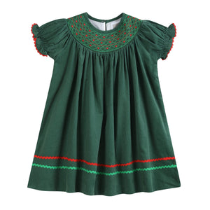 Green Corduroy Smocked Bishop Dress