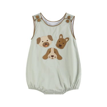 Green Dog Applique Bubble Romper for babies, featuring a playful design and comfortable fit. Perfect for warm weather.