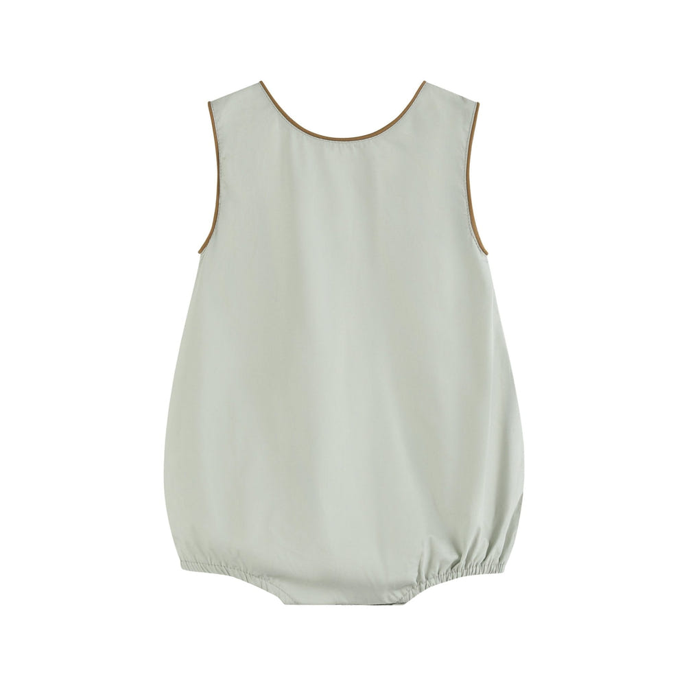 Green Dog Applique Bubble Romper for babies, featuring a playful design and comfortable fit. Perfect for warm weather.