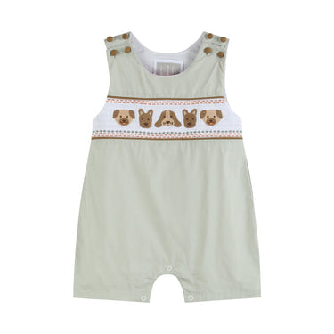 Green Dog Smocked Shortalls for babies, stylish and comfortable apparel for little ones.