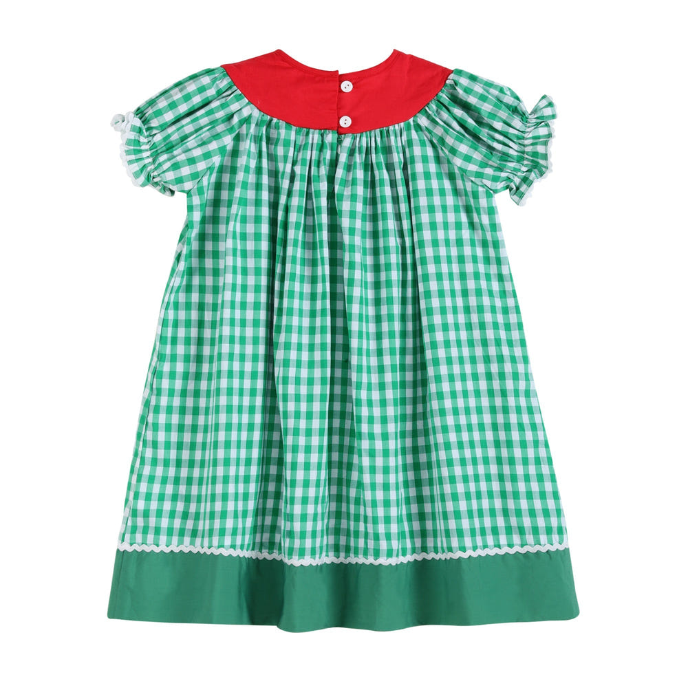 Green gingham watermelon collar bishop dress for babies, perfect for summer outings and special occasions.