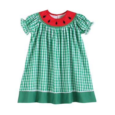 Green gingham watermelon collar bishop dress for babies, perfect for summer outings and special occasions.