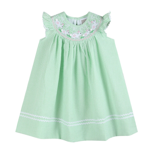 Green Seersucker Easter Bunny Smocked Bishop Dress