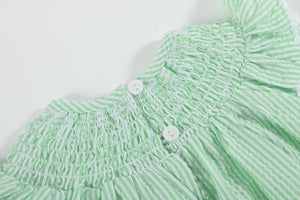 Green Seersucker Bunny Smocked Flutter Bubble  Romper